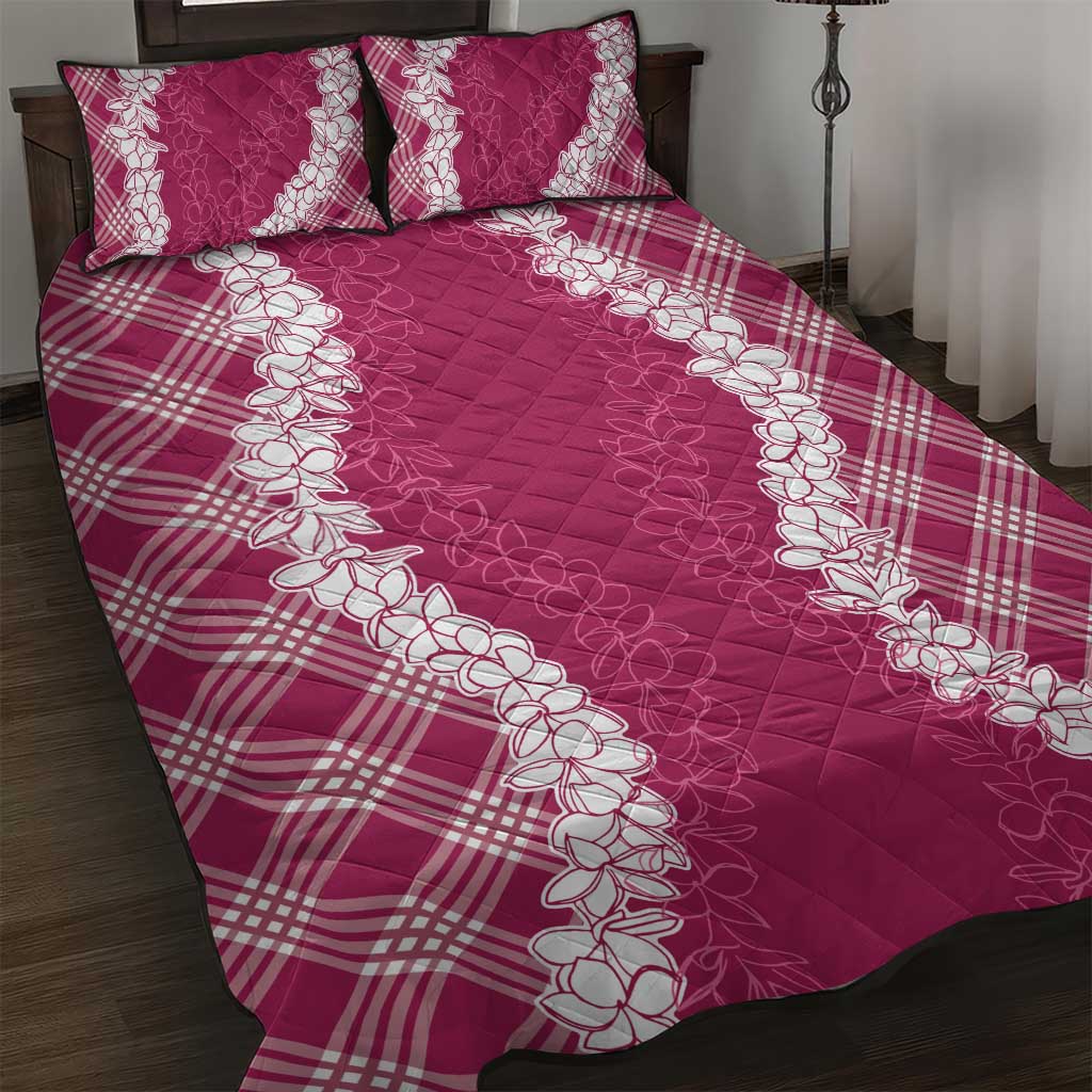 Hawaii Aloha Plumeria Lei Fuschia Palaka Quilt Bed Set - Polynesian Pride