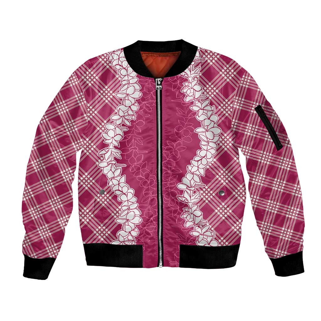 Hawaii Aloha Plumeria Lei Fuschia Palaka Sleeve Zip Bomber Jacket - Polynesian Pride