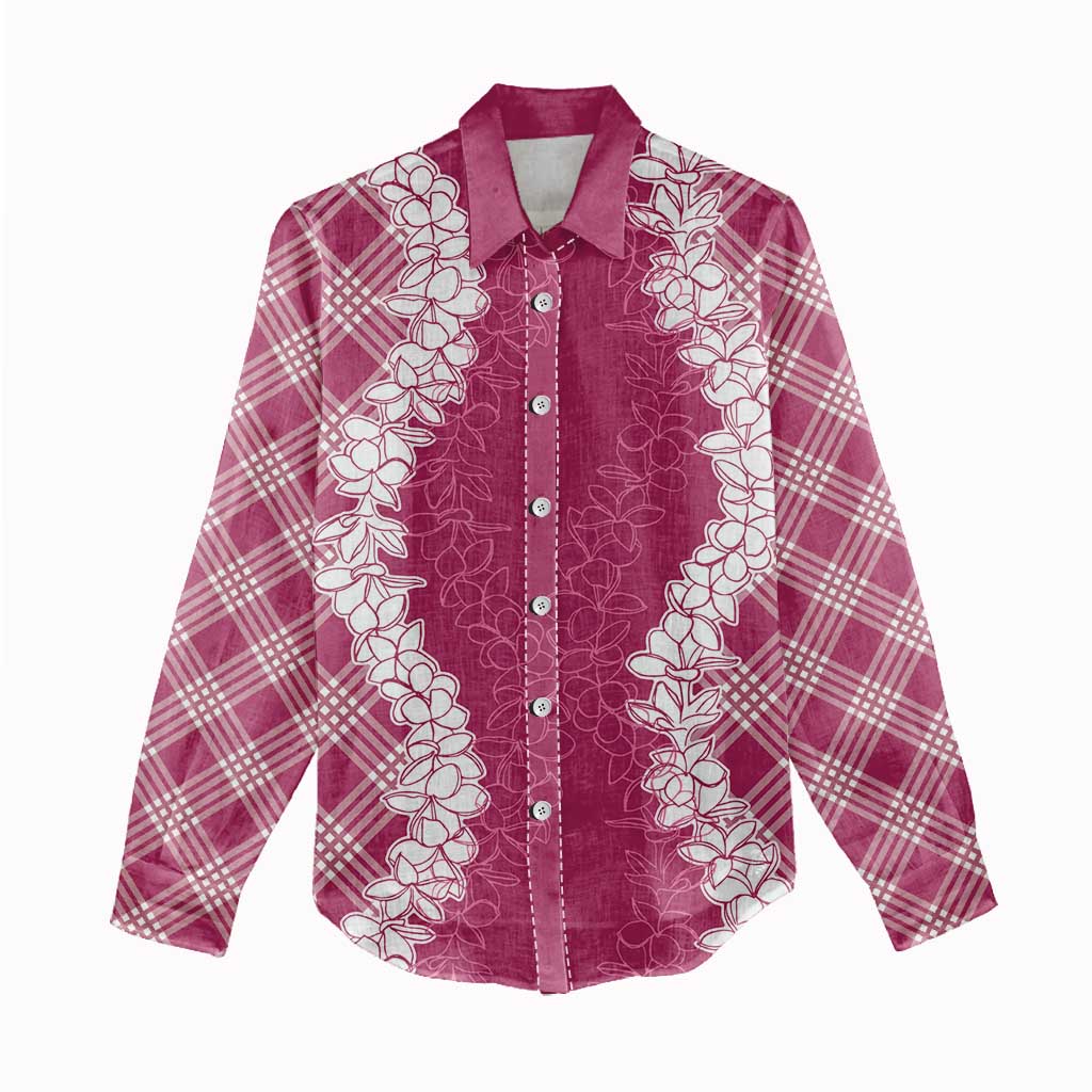 Hawaii Aloha Plumeria Lei Fuschia Palaka Women Casual Shirt - Polynesian Pride