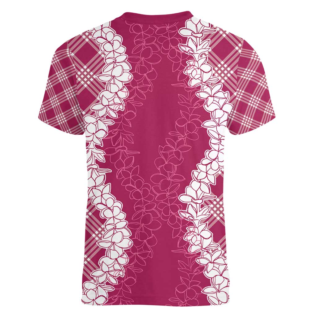Hawaii Aloha Plumeria Lei Fuschia Palaka Women V-Neck T-Shirt - Polynesian Pride