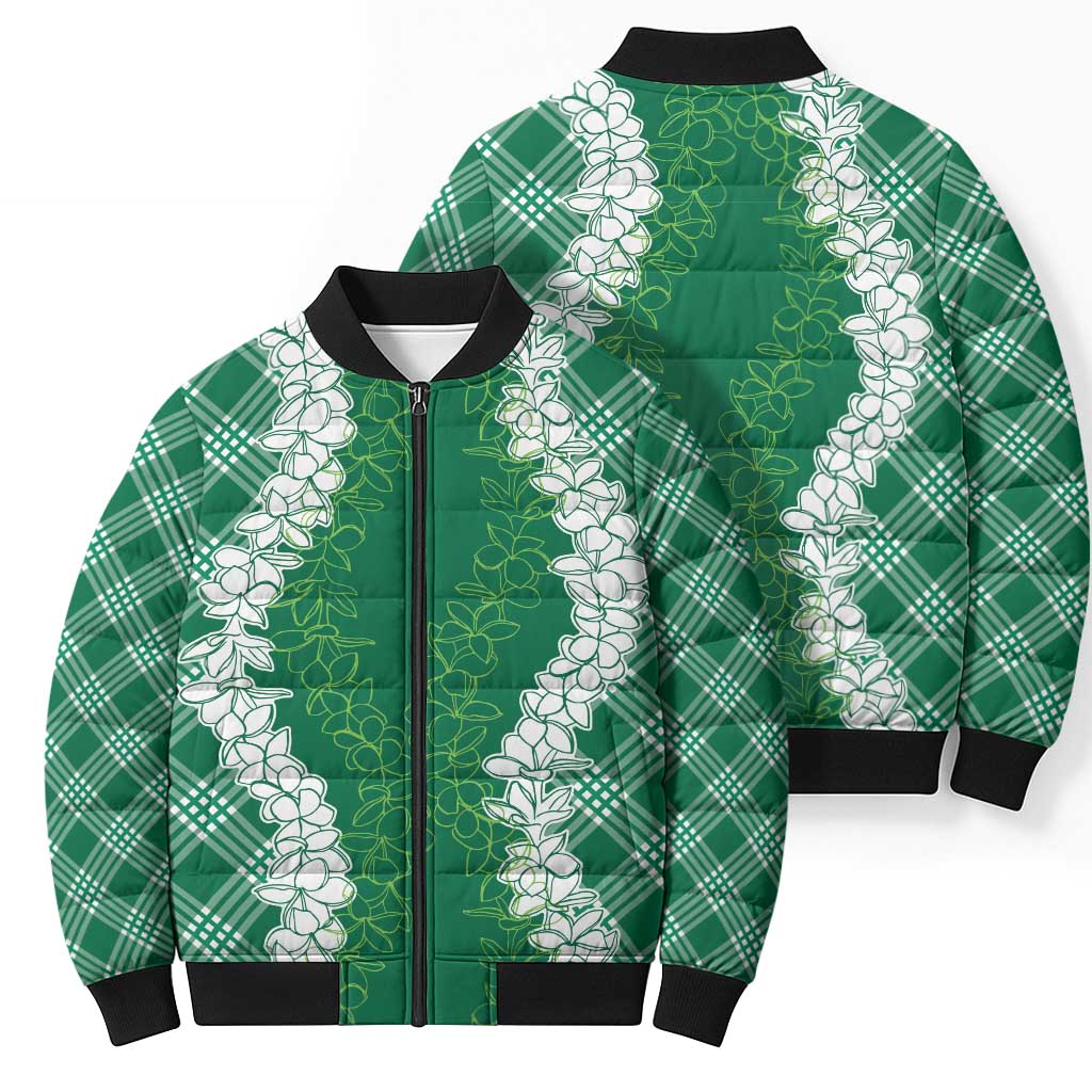 Hawaii Aloha Plumeria Lei Green Palaka Bomber Puffer Jacket LT7 - Polynesian Pride