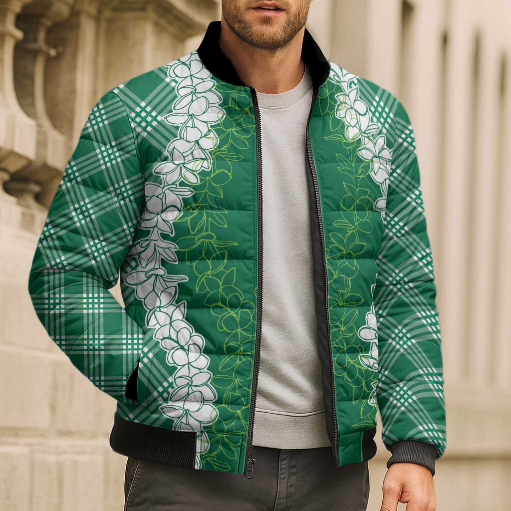 Hawaii Aloha Plumeria Lei Green Palaka Bomber Puffer Jacket LT7 - Polynesian Pride
