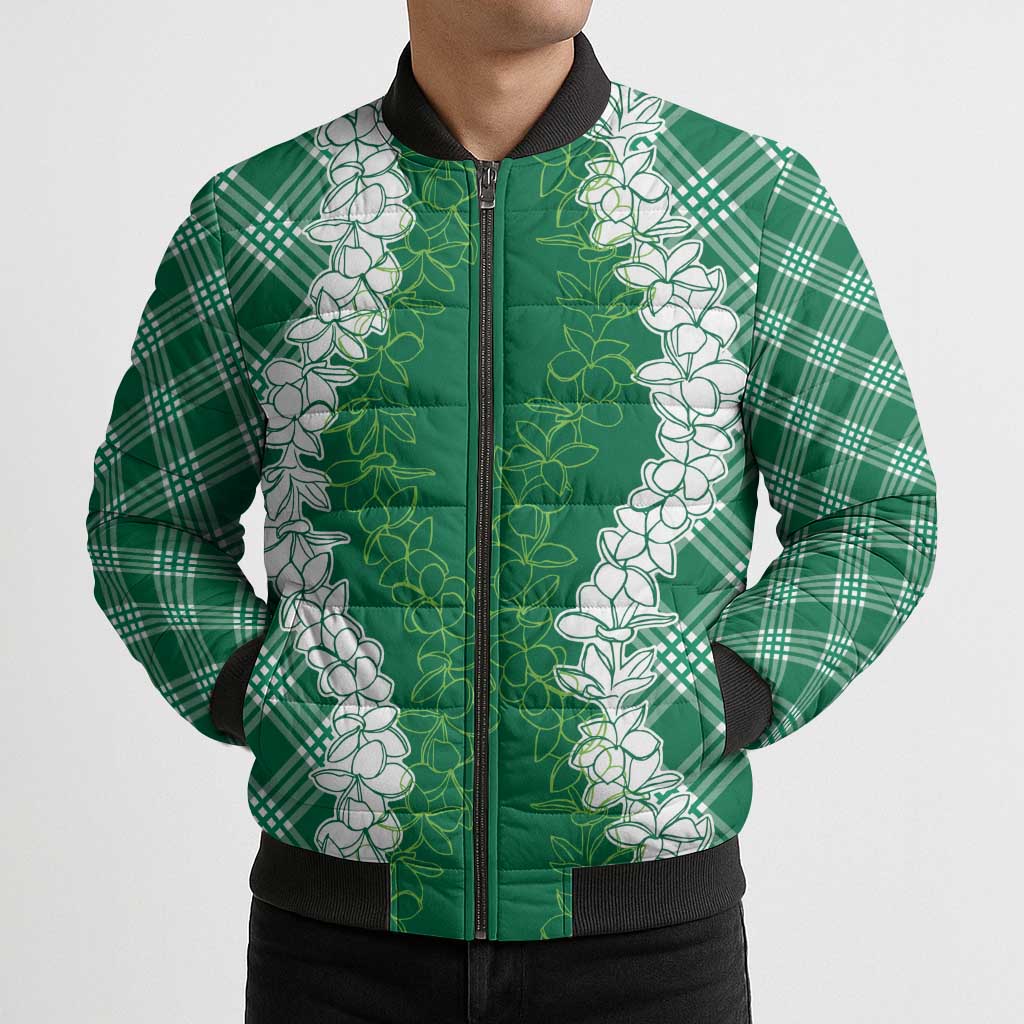 Hawaii Aloha Plumeria Lei Green Palaka Bomber Puffer Jacket LT7 - Polynesian Pride