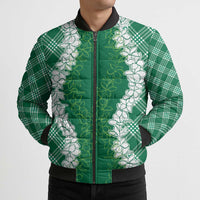 Hawaii Aloha Plumeria Lei Green Palaka Bomber Puffer Jacket LT7 - Polynesian Pride