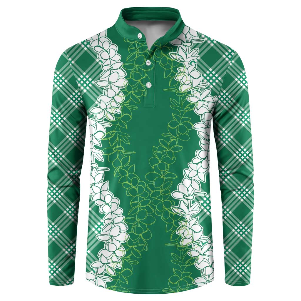 Hawaii Aloha Plumeria Lei Green Palaka Button Sweatshirt LT7 Green - Polynesian Pride