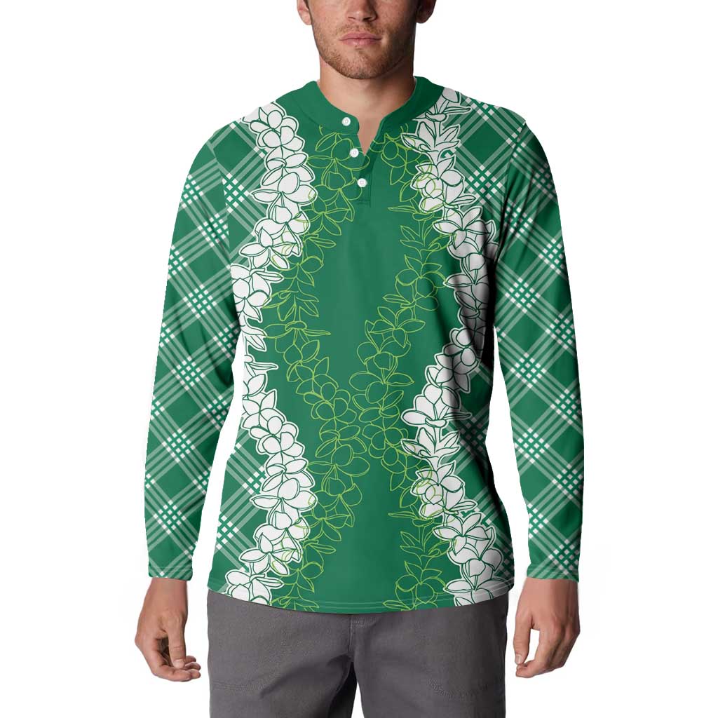 Hawaii Aloha Plumeria Lei Green Palaka Button Sweatshirt LT7 - Polynesian Pride