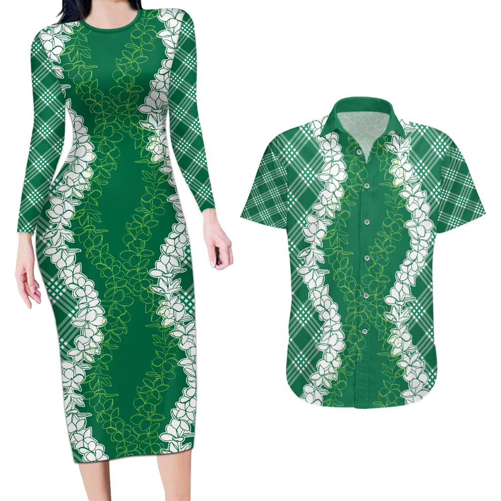 Hawaii Aloha Plumeria Lei Green Palaka Couples Matching Long Sleeve Bodycon Dress and Hawaiian Shirt - Polynesian Pride
