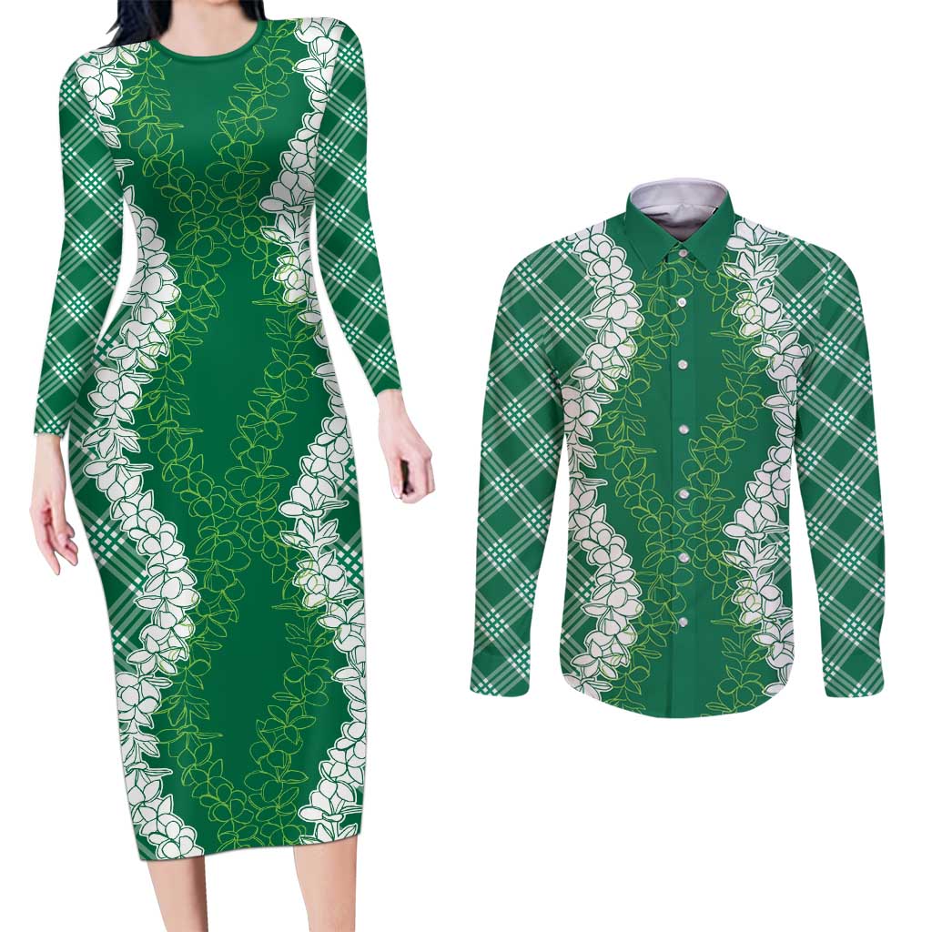 Hawaii Aloha Plumeria Lei Green Palaka Couples Matching Long Sleeve Bodycon Dress and Long Sleeve Button Shirt - Polynesian Pride