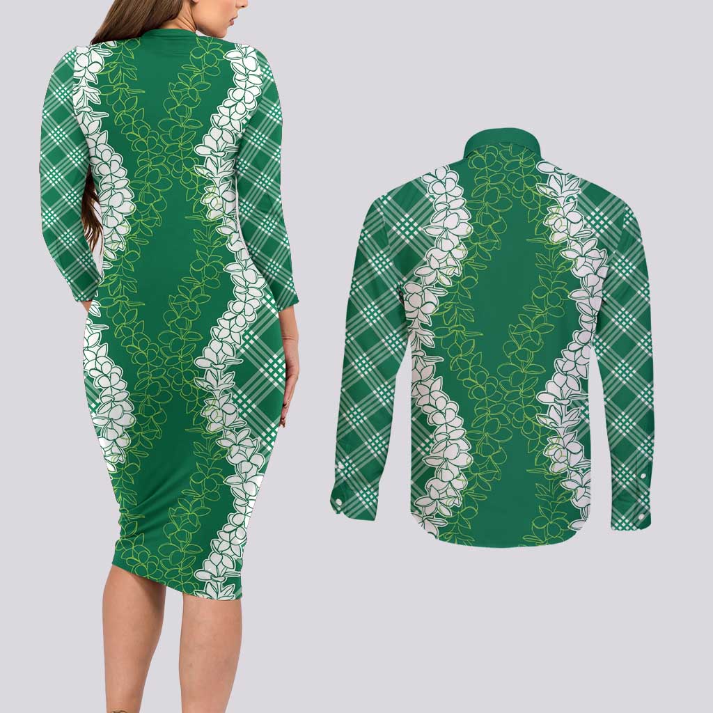 Hawaii Aloha Plumeria Lei Green Palaka Couples Matching Long Sleeve Bodycon Dress and Long Sleeve Button Shirt - Polynesian Pride