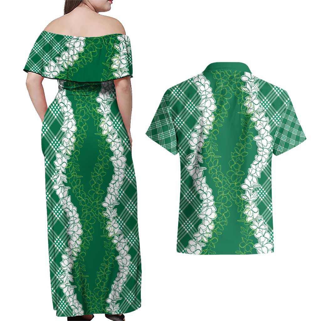 Hawaii Aloha Plumeria Lei Green Palaka Couples Matching Off Shoulder Maxi Dress and Hawaiian Shirt - Polynesian Pride