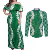 Hawaii Aloha Plumeria Lei Green Palaka Couples Matching Off Shoulder Maxi Dress and Long Sleeve Button Shirt - Polynesian Pride