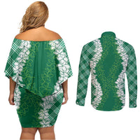 Hawaii Aloha Plumeria Lei Green Palaka Couples Matching Off Shoulder Short Dress and Long Sleeve Button Shirt - Polynesian Pride