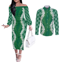 Hawaii Aloha Plumeria Lei Green Palaka Couples Matching Off The Shoulder Long Sleeve Dress and Long Sleeve Button Shirt - Polynesian Pride