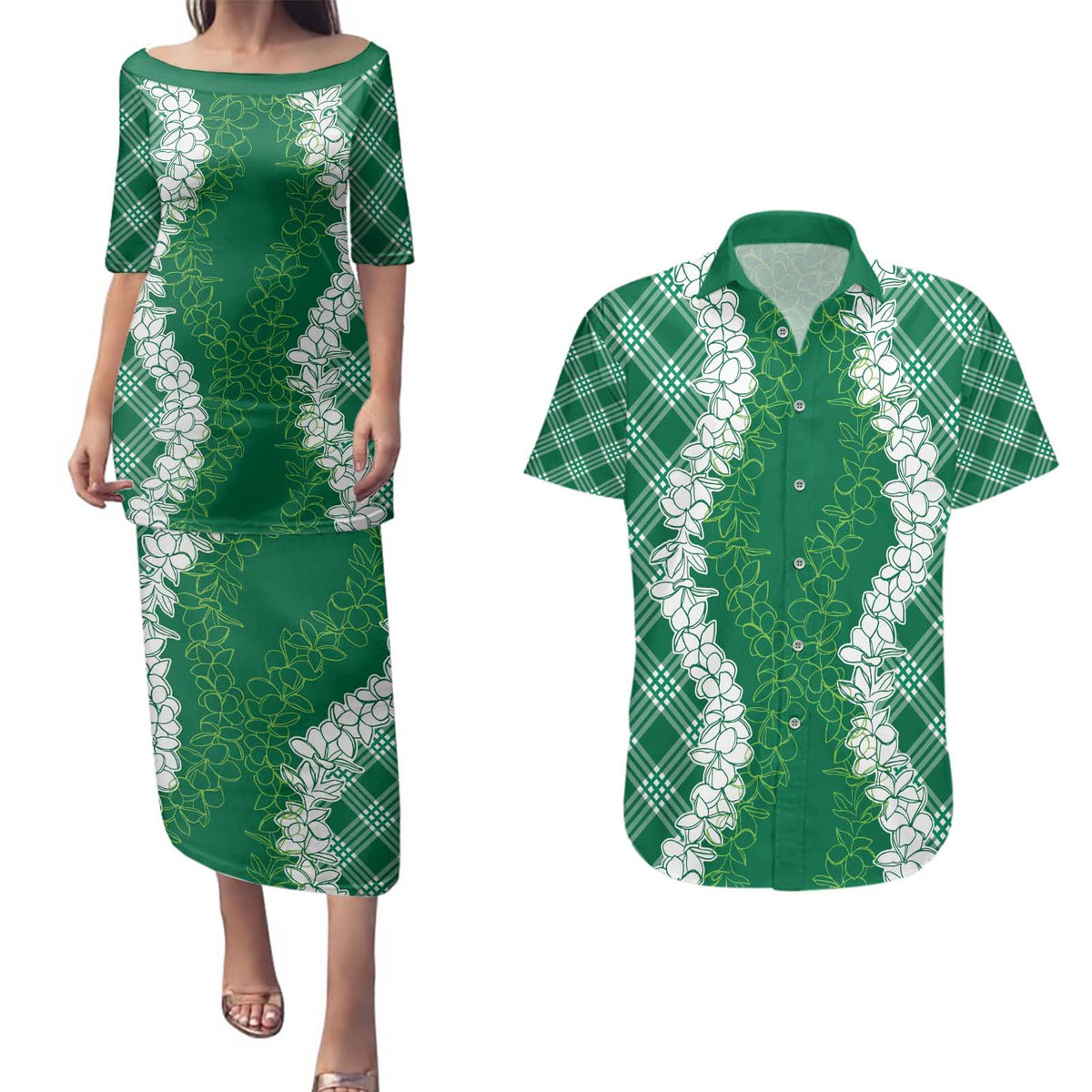 Hawaii Aloha Plumeria Lei Green Palaka Couples Matching Puletasi and Hawaiian Shirt LT7 Green - Polynesian Pride