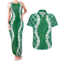 Hawaii Aloha Plumeria Lei Green Palaka Couples Matching Tank Maxi Dress and Hawaiian Shirt - Polynesian Pride