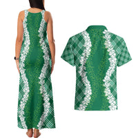 Hawaii Aloha Plumeria Lei Green Palaka Couples Matching Tank Maxi Dress and Hawaiian Shirt - Polynesian Pride