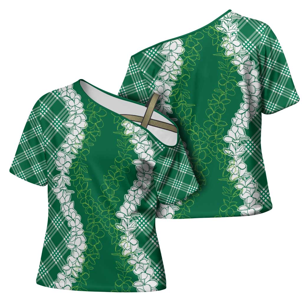 Hawaii Aloha Plumeria Lei Green Palaka Cross Shoulder Shirt LT7 - Polynesian Pride