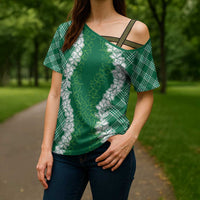 Hawaii Aloha Plumeria Lei Green Palaka Cross Shoulder Shirt LT7 - Polynesian Pride