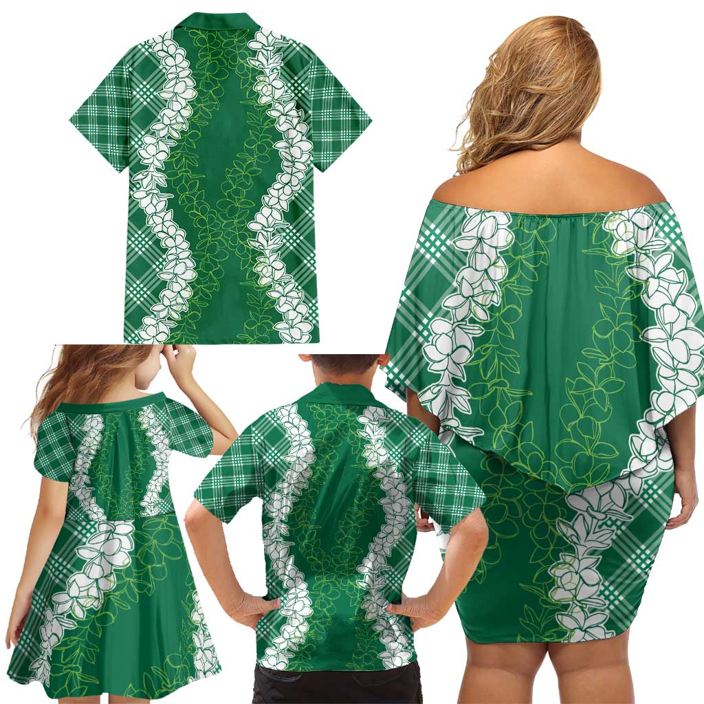 Hawaii Aloha Plumeria Lei Green Palaka Family Matching Off Shoulder Short Dress and Hawaiian Shirt - Polynesian Pride