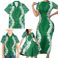 Hawaii Aloha Plumeria Lei Green Palaka Family Matching Short Sleeve Bodycon Dress and Hawaiian Shirt - Polynesian Pride
