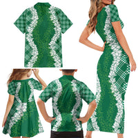 Hawaii Aloha Plumeria Lei Green Palaka Family Matching Short Sleeve Bodycon Dress and Hawaiian Shirt - Polynesian Pride
