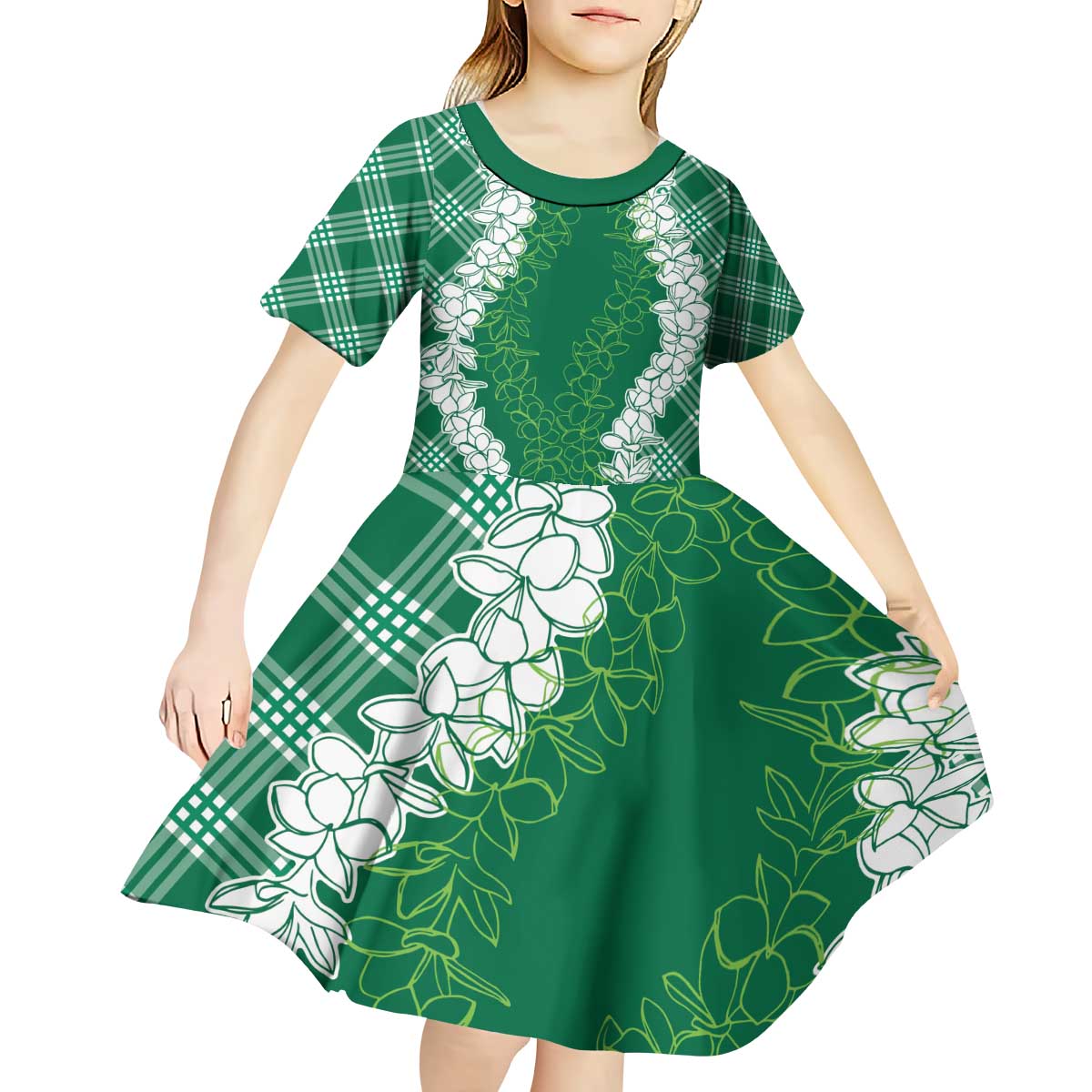 Hawaii Aloha Plumeria Lei Green Palaka Kid Short Sleeve Dress - Polynesian Pride