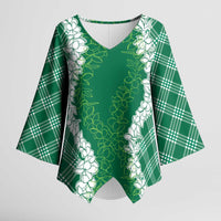 Hawaii Aloha Plumeria Lei Green Palaka Kimono Sleeve Blouse LT7 Female Green - Polynesian Pride