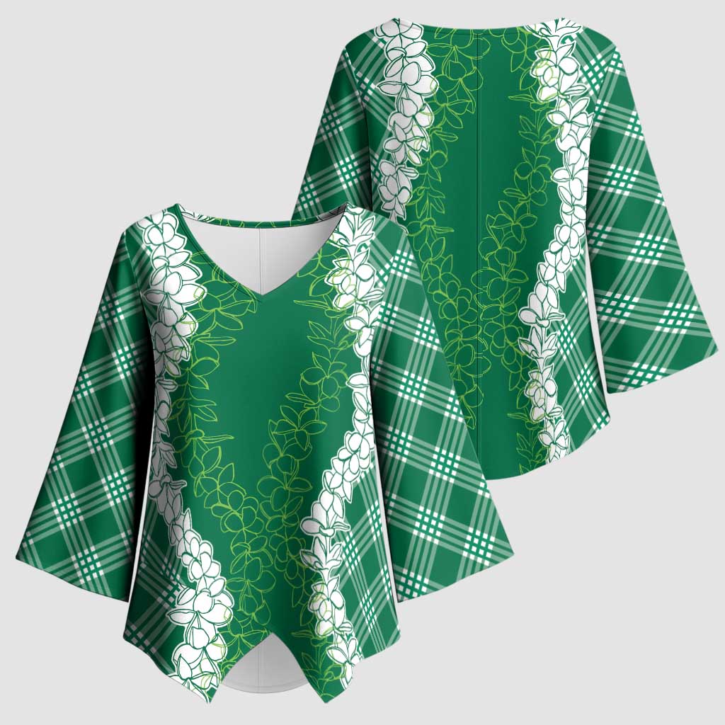 Hawaii Aloha Plumeria Lei Green Palaka Kimono Sleeve Blouse LT7 - Polynesian Pride