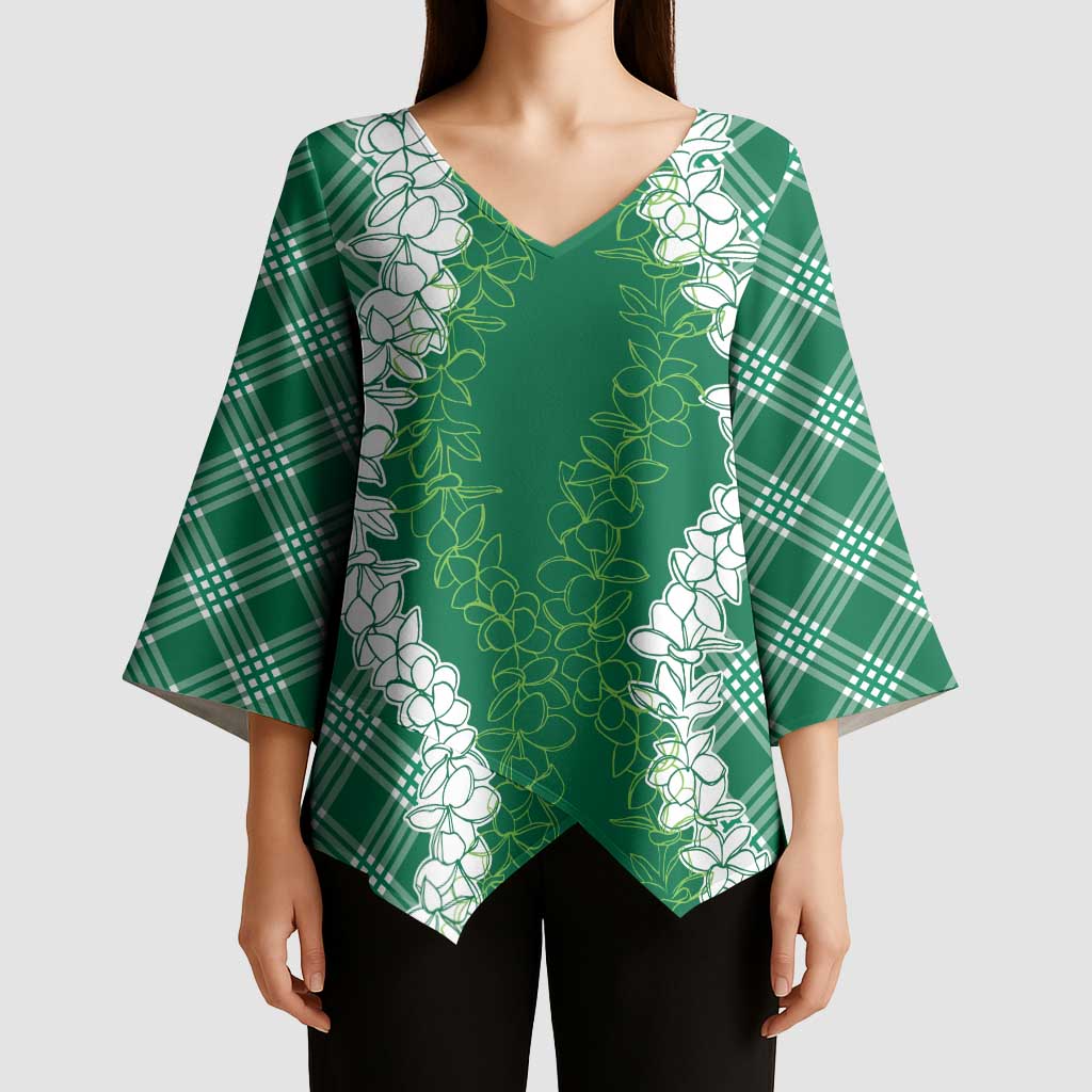 Hawaii Aloha Plumeria Lei Green Palaka Kimono Sleeve Blouse LT7 - Polynesian Pride