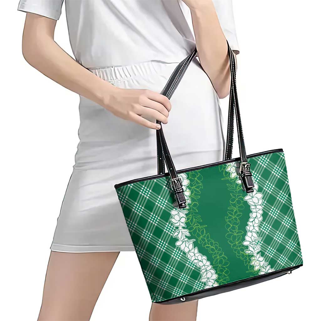 Hawaii Aloha Plumeria Lei Green Palaka Leather Tote Bag - Polynesian Pride