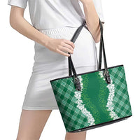 Hawaii Aloha Plumeria Lei Green Palaka Leather Tote Bag - Polynesian Pride