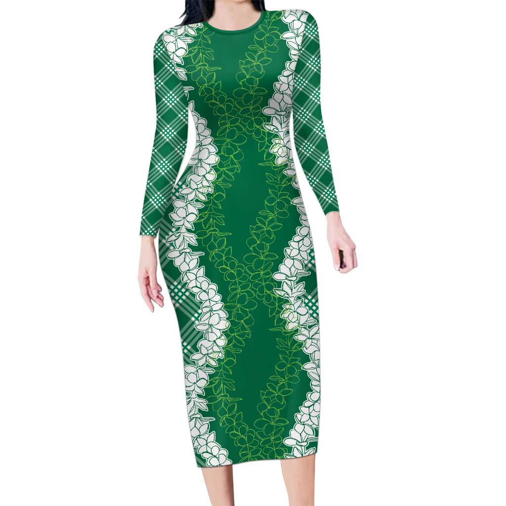 Hawaii Aloha Plumeria Lei Green Palaka Long Sleeve Bodycon Dress - Polynesian Pride