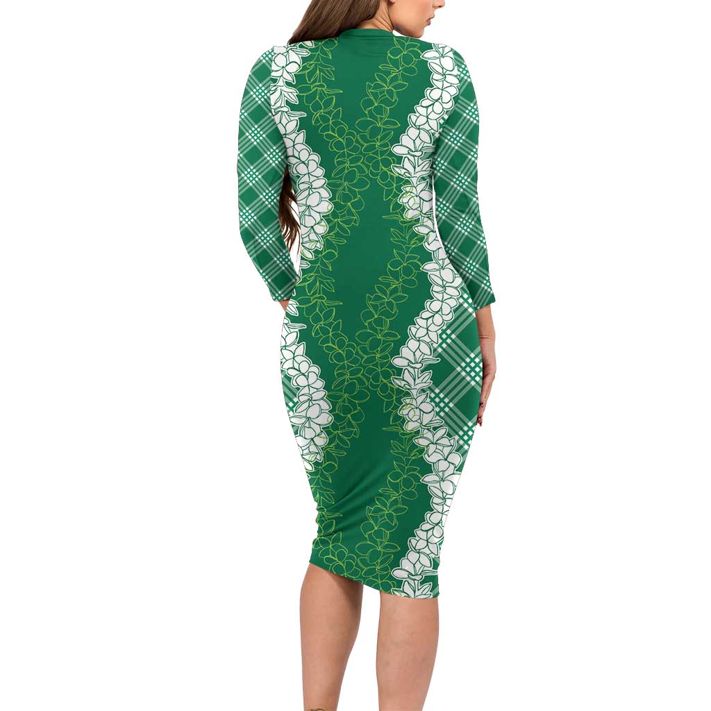 Hawaii Aloha Plumeria Lei Green Palaka Long Sleeve Bodycon Dress - Polynesian Pride