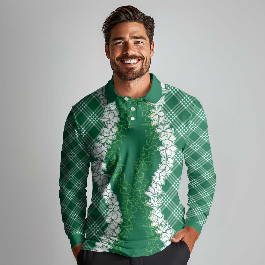 Hawaii Aloha Plumeria Lei Green Palaka Long Sleeve Polo Shirt - Polynesian Pride
