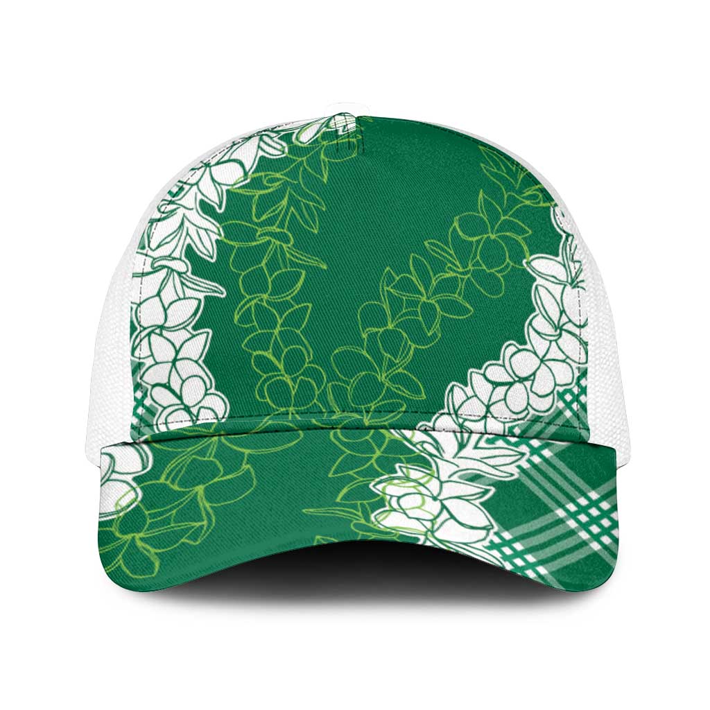 Hawaii Aloha Plumeria Lei Green Palaka Mesh Trucker Cap - Polynesian Pride