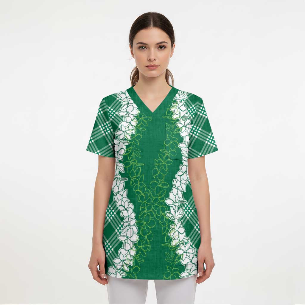 Hawaii Aloha Plumeria Lei Green Palaka Scrub Top - Polynesian Pride