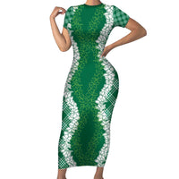 Hawaii Aloha Plumeria Lei Green Palaka Short Sleeve Bodycon Dress - Polynesian Pride