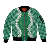 Hawaii Aloha Plumeria Lei Green Palaka Sleeve Zip Bomber Jacket - Polynesian Pride