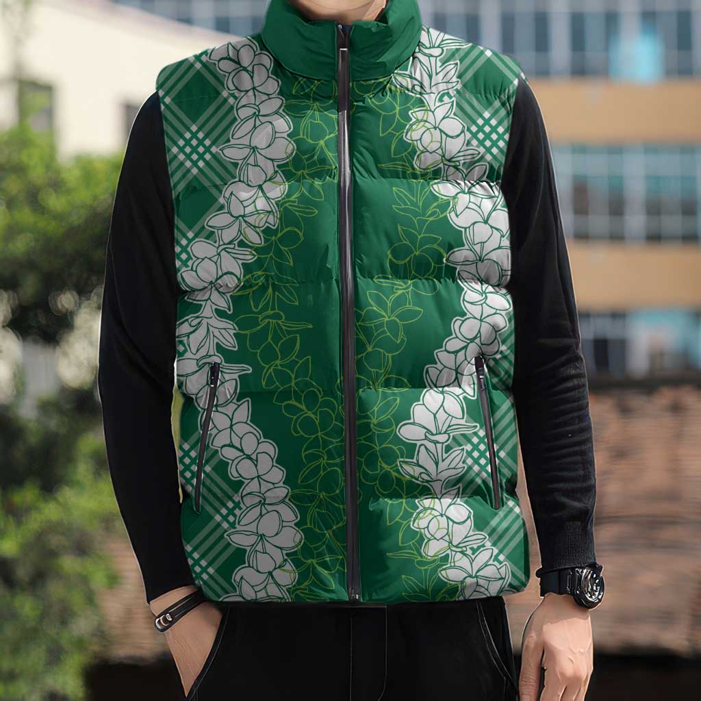 Hawaii Aloha Plumeria Lei Green Palaka Sleeveless Puffer Jacket LT7 - Polynesian Pride