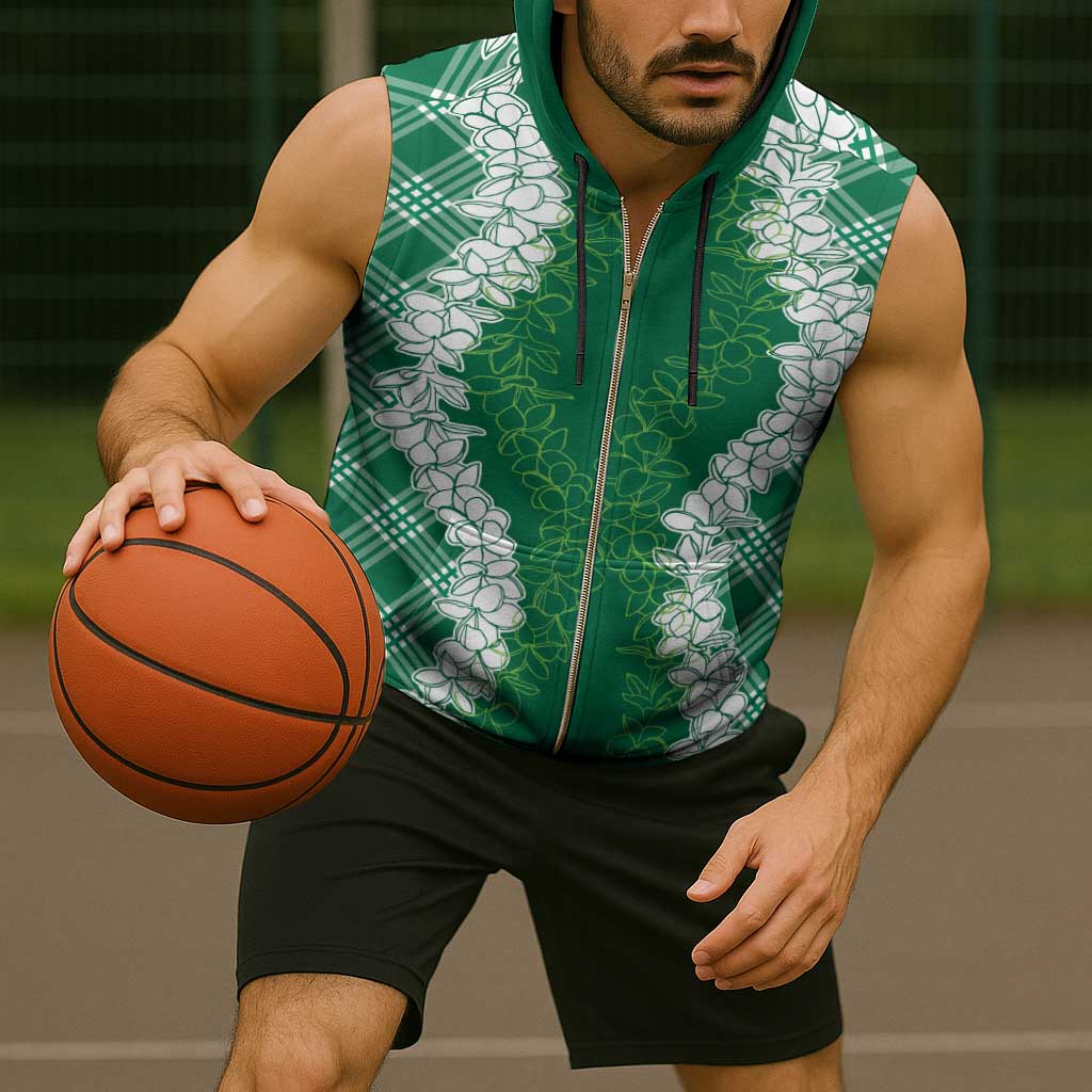 Hawaii Aloha Plumeria Lei Green Palaka Sleeveless Zip Hoodie - Polynesian Pride