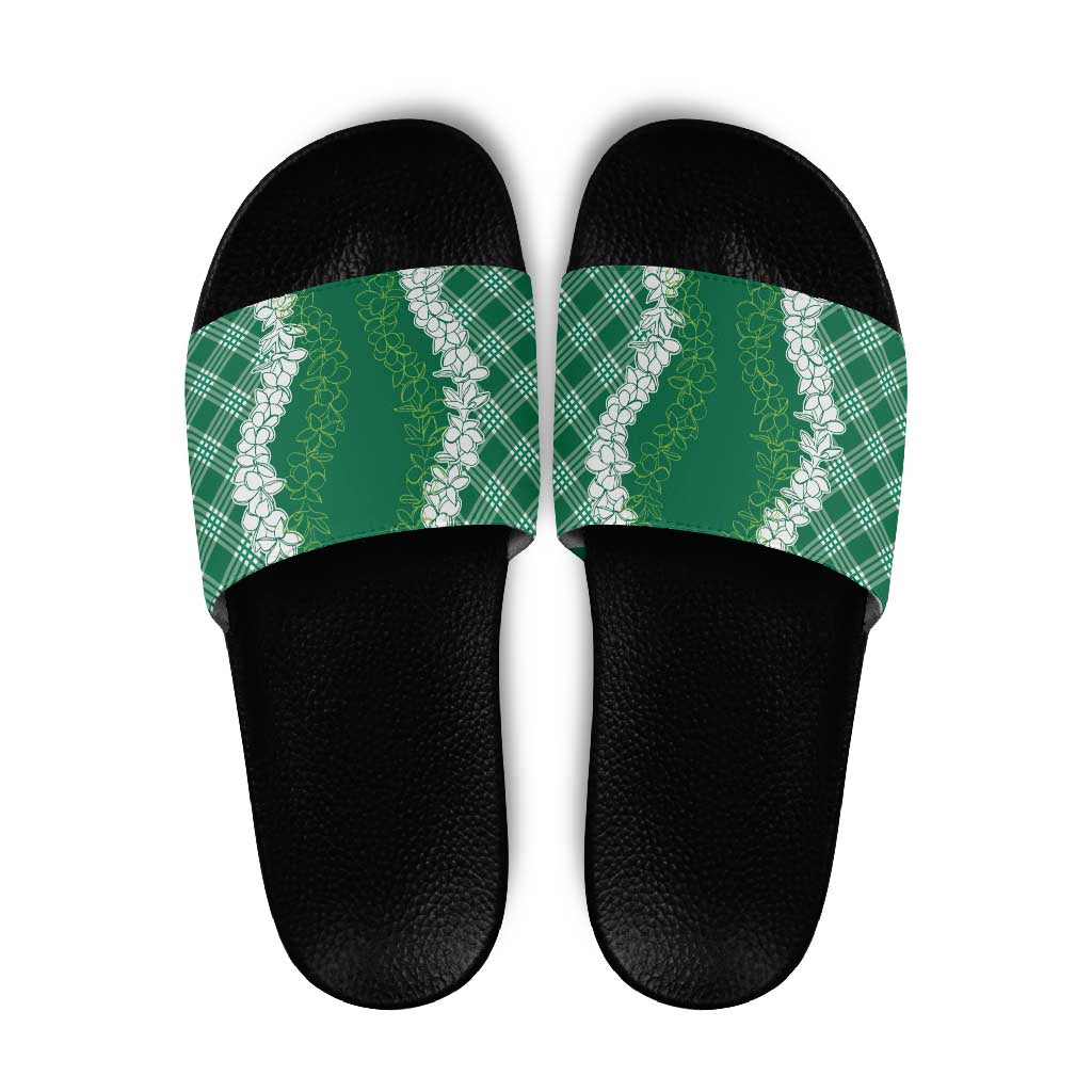 Hawaii Aloha Plumeria Lei Green Palaka Slide Sandals - Polynesian Pride