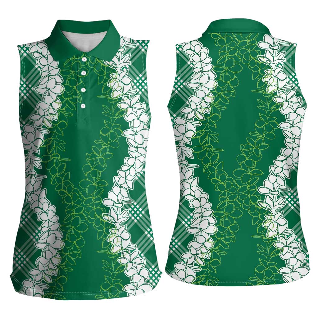 Hawaii Aloha Plumeria Lei Green Palaka Women Sleeveless Polo Shirt - Polynesian Pride
