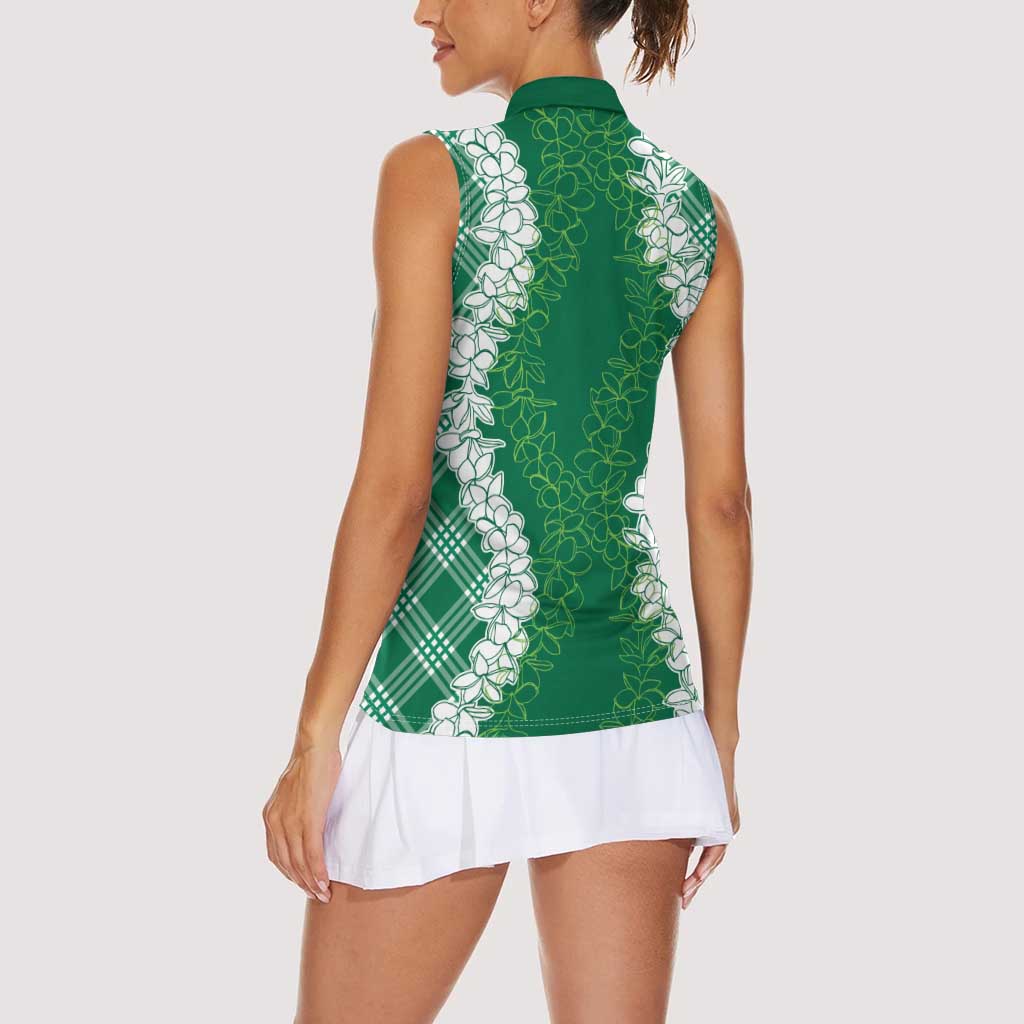 Hawaii Aloha Plumeria Lei Green Palaka Women Sleeveless Polo Shirt - Polynesian Pride