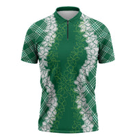 Hawaii Aloha Plumeria Lei Green Palaka Zipper Polo Shirt LT7 Green - Polynesian Pride