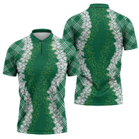 Hawaii Aloha Plumeria Lei Green Palaka Zipper Polo Shirt LT7 - Polynesian Pride