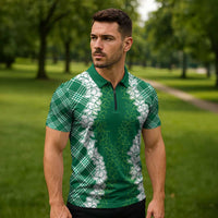 Hawaii Aloha Plumeria Lei Green Palaka Zipper Polo Shirt LT7 - Polynesian Pride