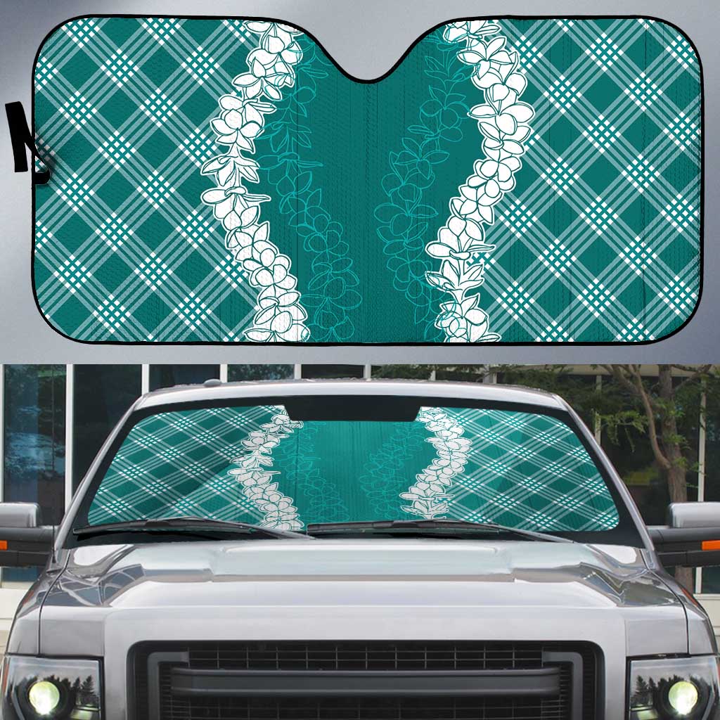 Hawaii Aloha Plumeria Lei Teal Palaka Auto Sun Shade - Polynesian Pride