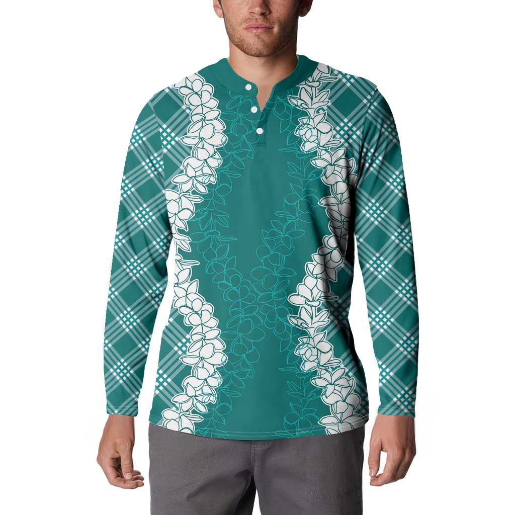 Hawaii Aloha Plumeria Lei Teal Palaka Button Sweatshirt LT7 - Polynesian Pride