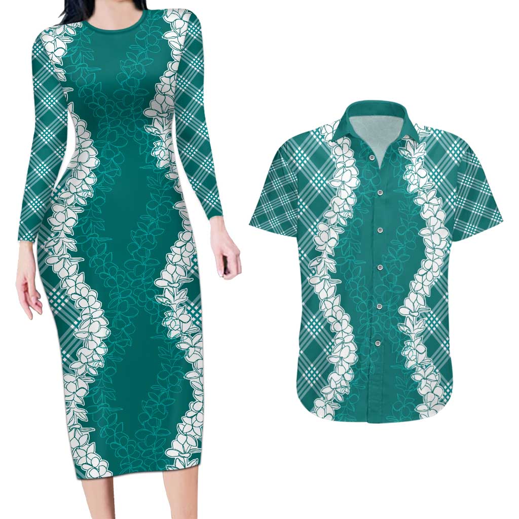 Hawaii Aloha Plumeria Lei Teal Palaka Couples Matching Long Sleeve Bodycon Dress and Hawaiian Shirt - Polynesian Pride