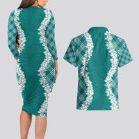Hawaii Aloha Plumeria Lei Teal Palaka Couples Matching Long Sleeve Bodycon Dress and Hawaiian Shirt - Polynesian Pride
